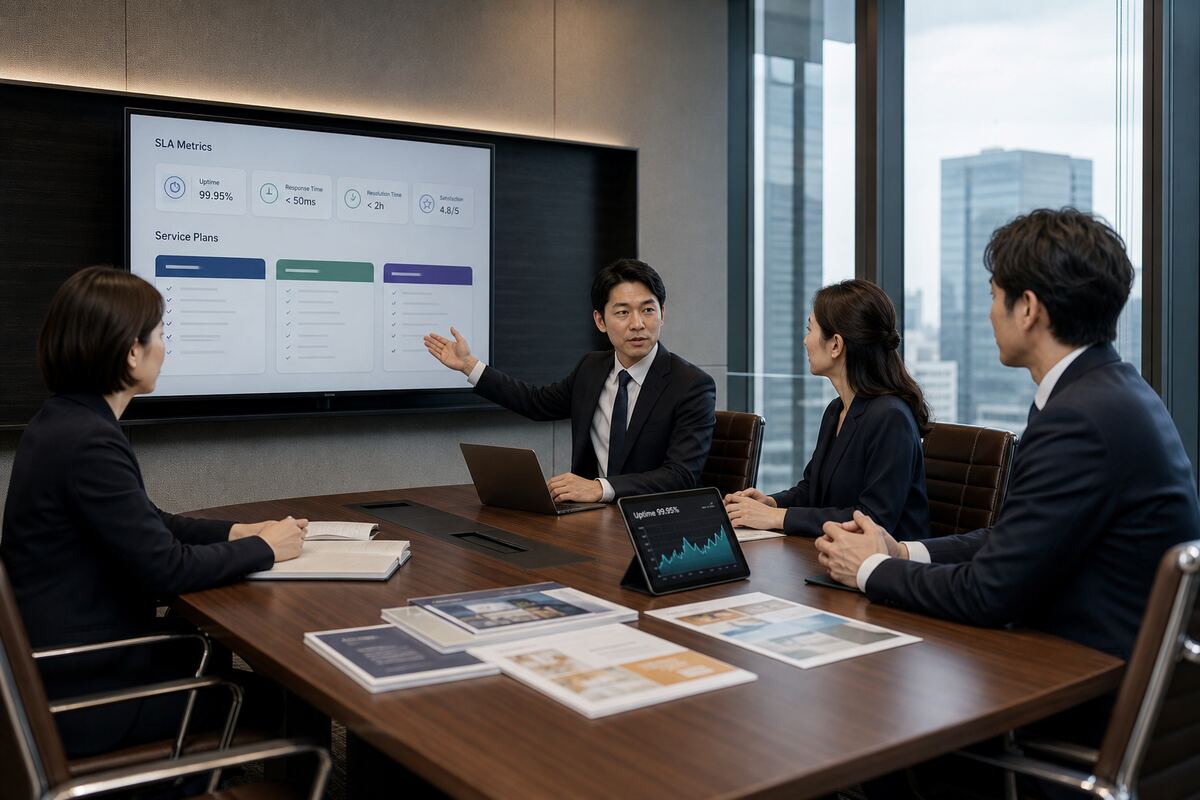 会議室で保守プランを確認している様子